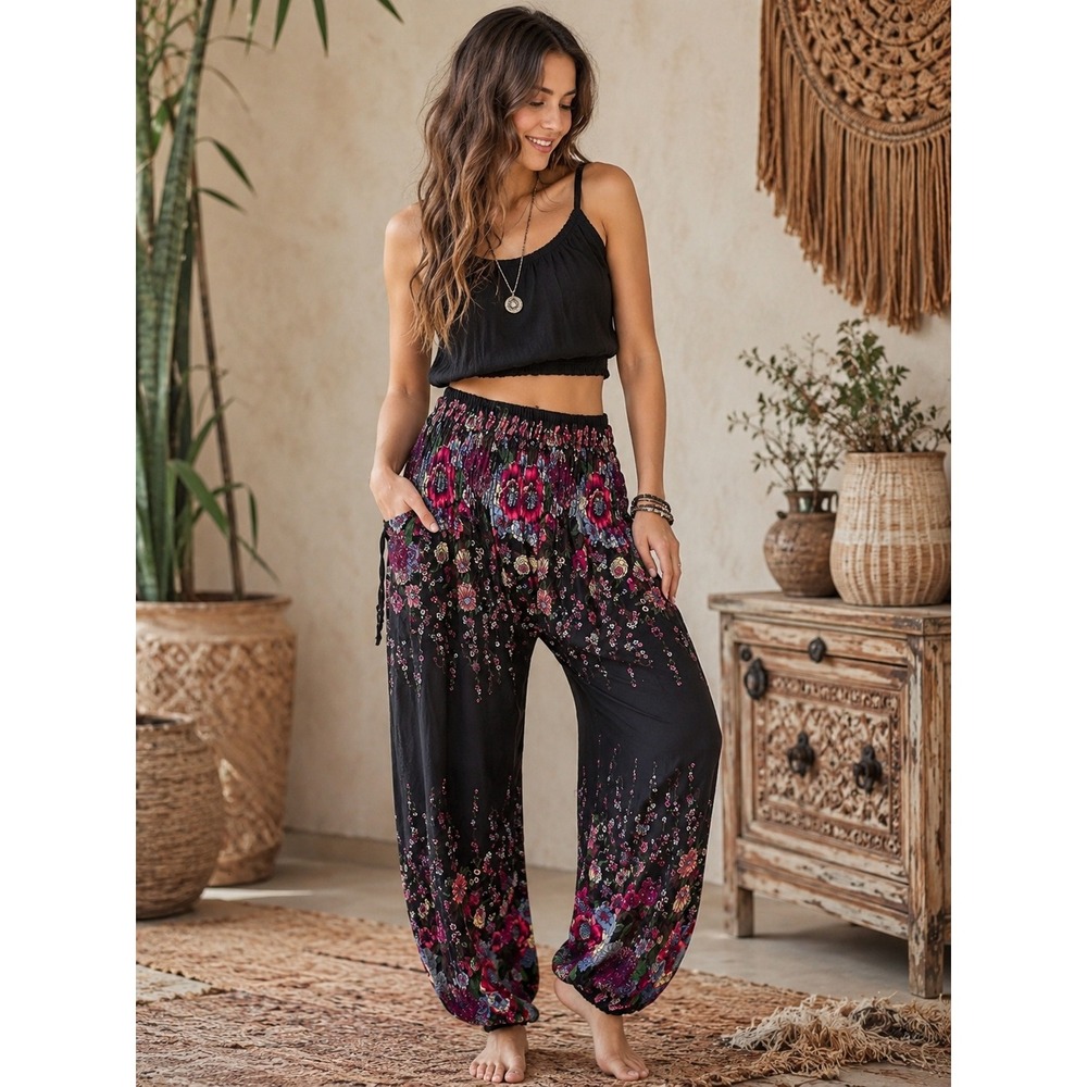 Floral Smocked Boho Bohemian Harem Bloomer Barrel Hippie Indie Yoga Pants S/M